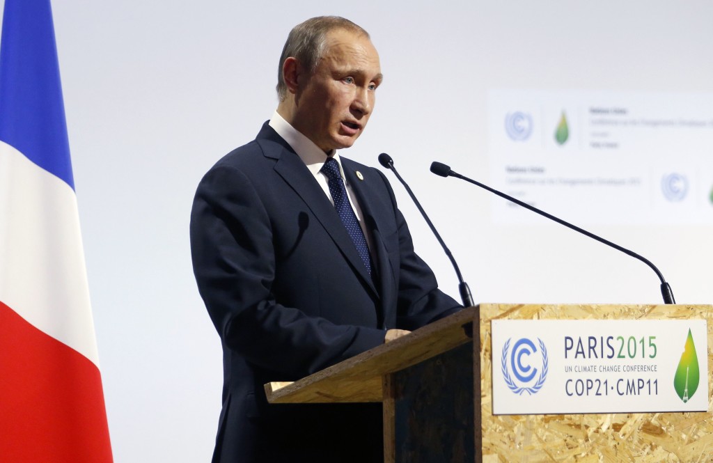 Russian President Putin delivers a speech for the opening day of the World Climate Change Conference 2015 (COP21) at Le Bourget, near Paris