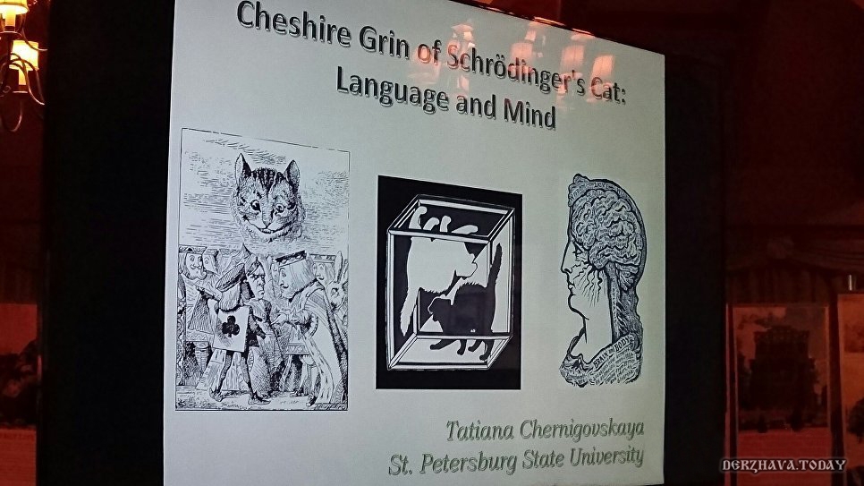 Слайд к докладу Татьяны Черниговской "Чеширская улыбка кота Шредингера: язык и сознание" на первой конференции российских и буддийских ученых